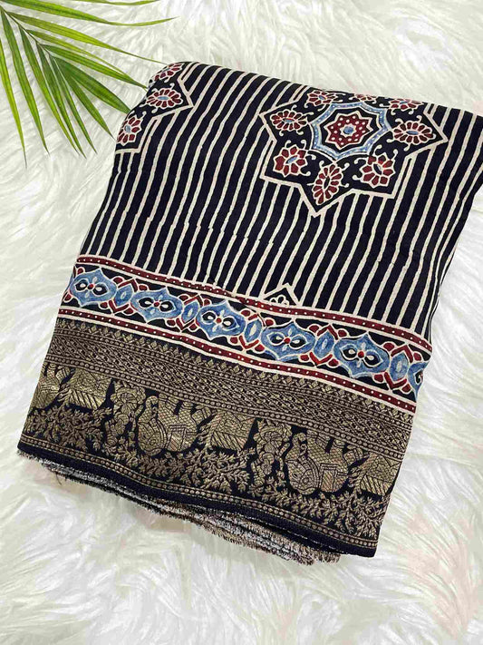 Black Ajrakh Saree with Stripes