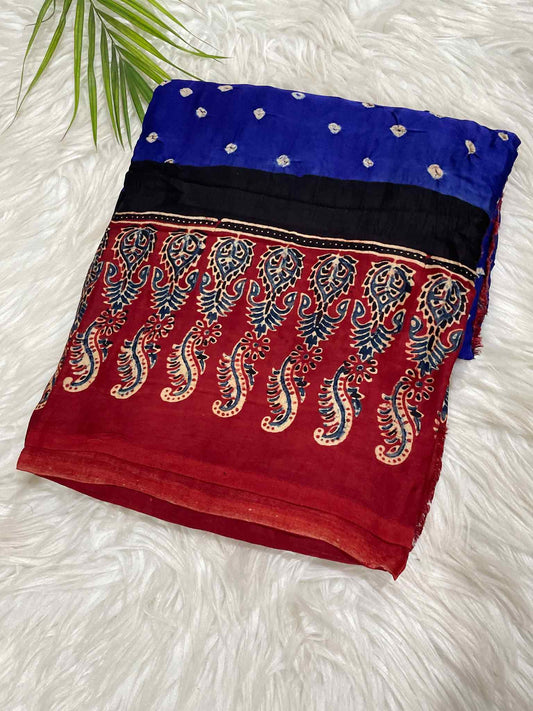 Blue Bandini with Ajrakh Printed Border Saree