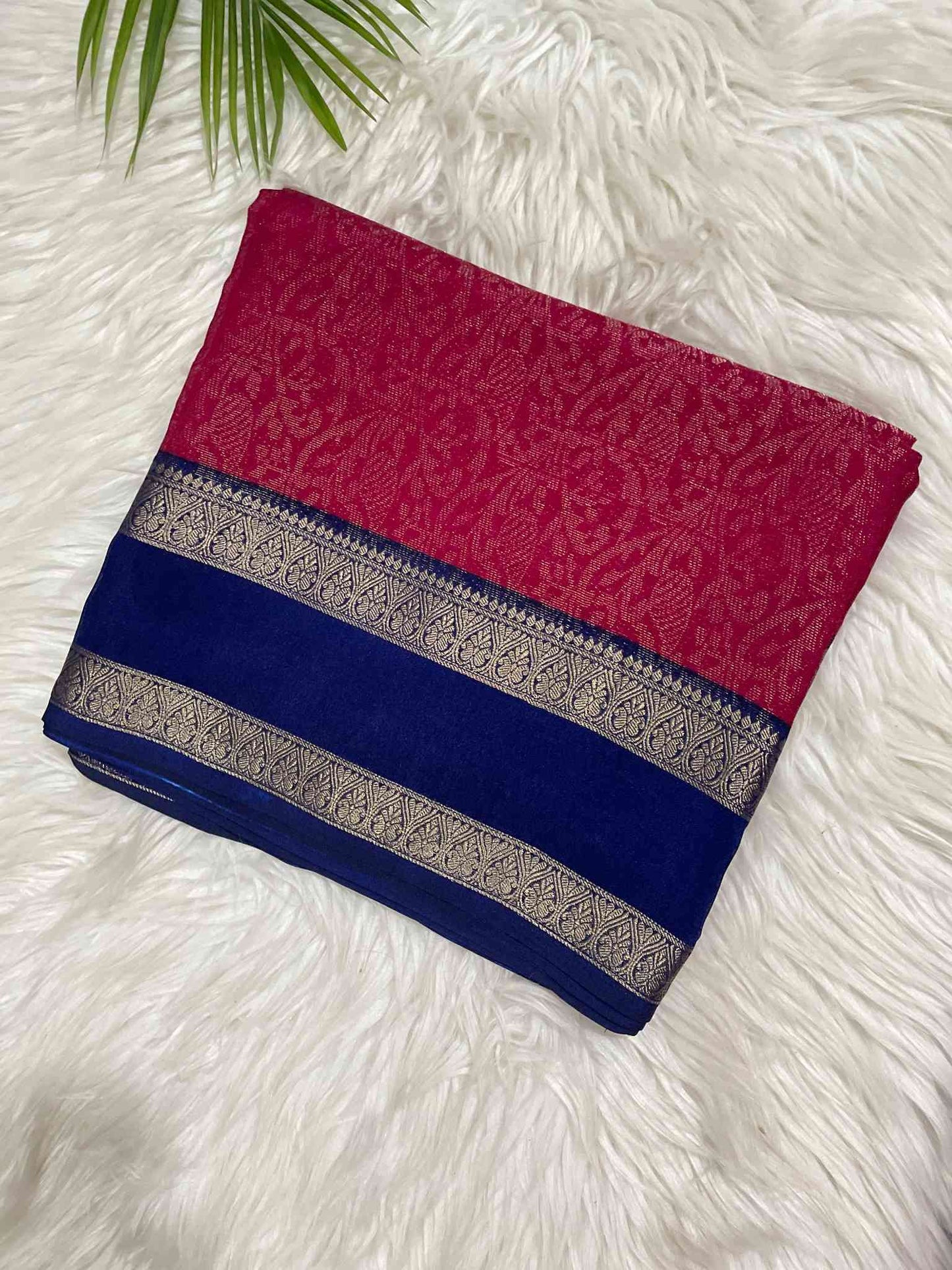Red and Dark Blue Crystal Crepe Saree