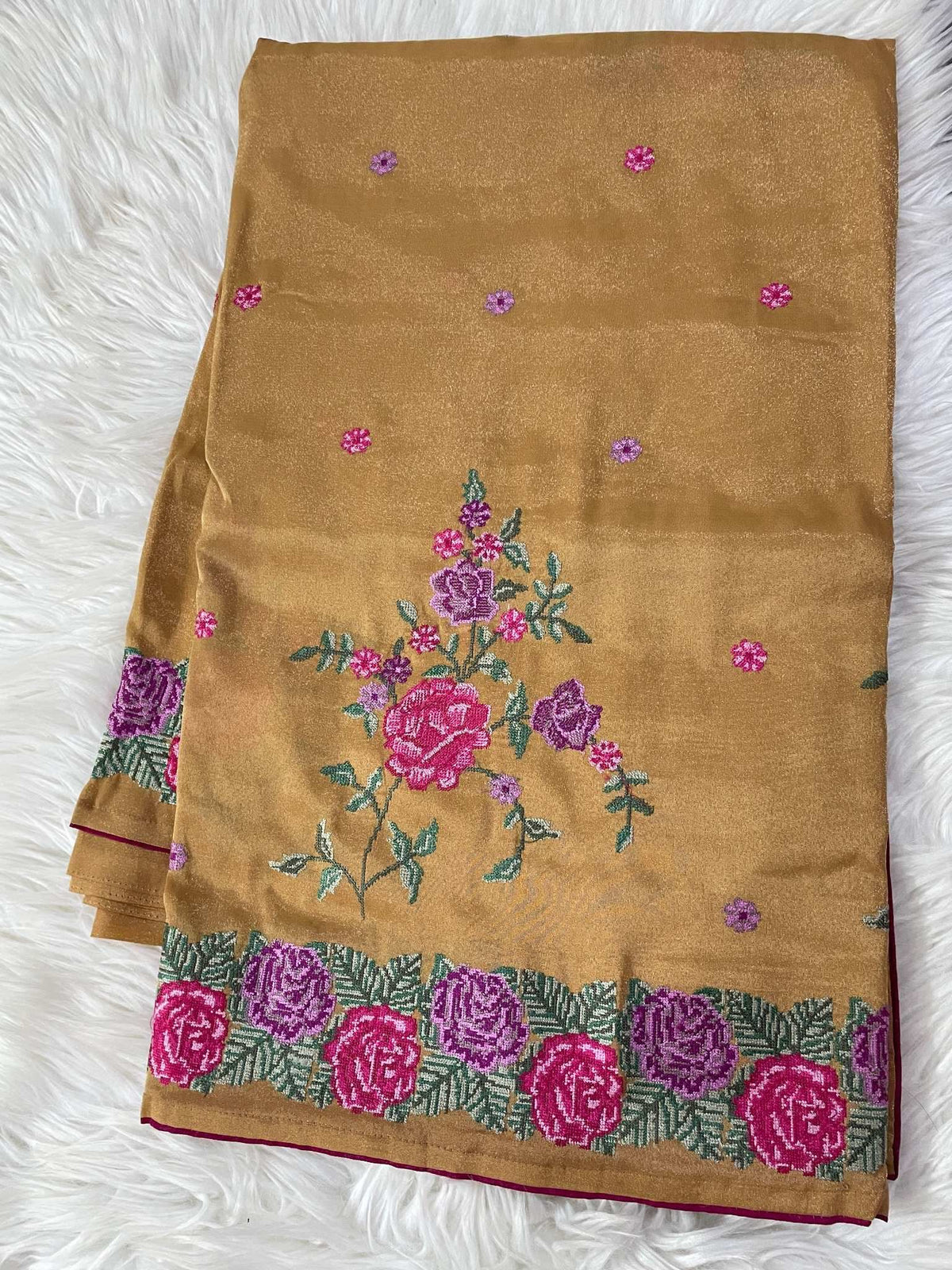 Floral Embroidery Mustard yellow Tisssue Saree