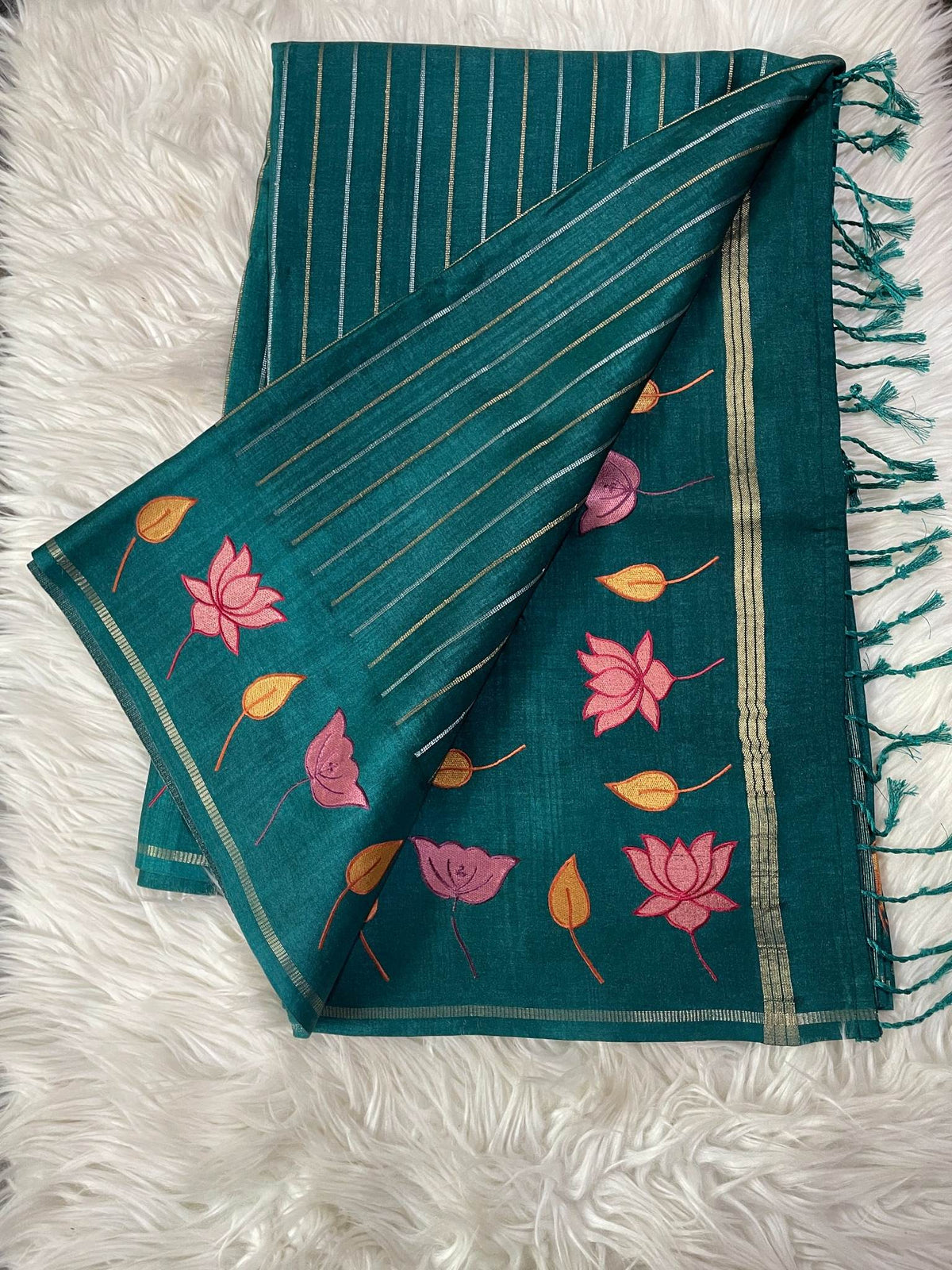 Green Pure Tussar saree with Lotus Embroidery