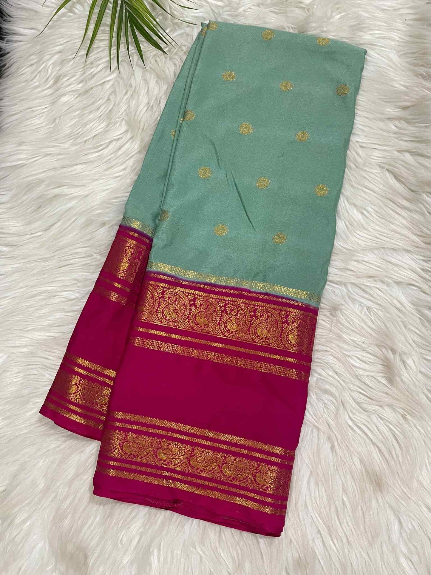 Pink and Light Green Semi Crepe Saree