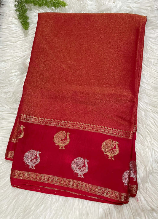 Red Peacock Viscose Crepe Saree