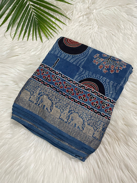 Blue Ajrakh Dola Silk Saree