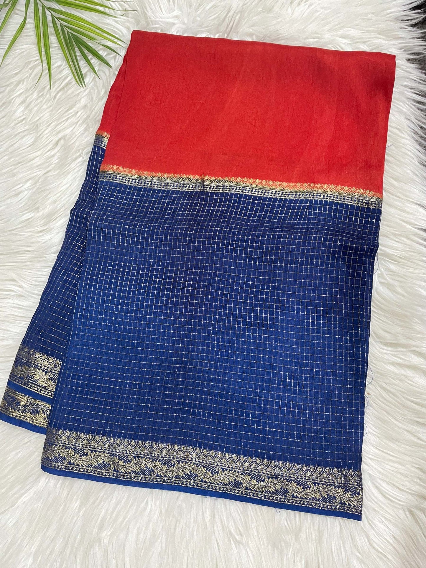 Blue and Orange Checks Saree