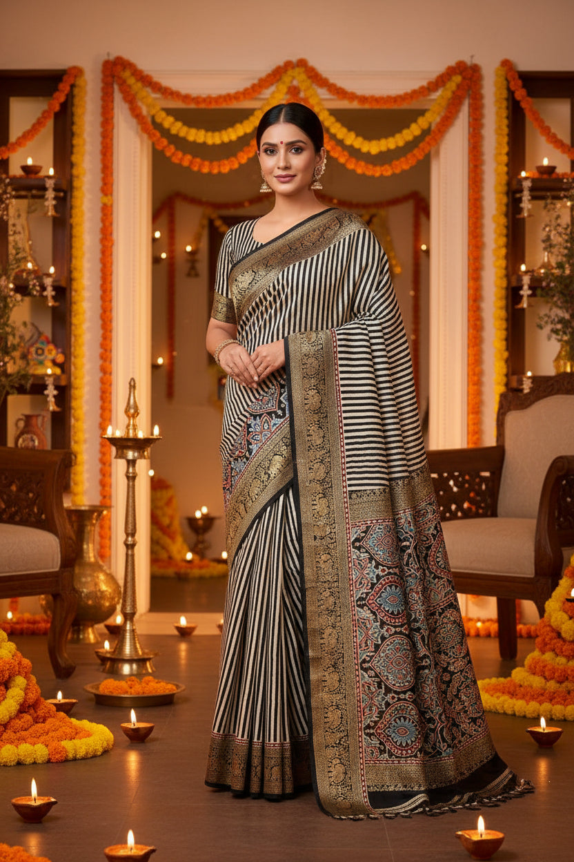 Black Ajrakh Saree with Stripes