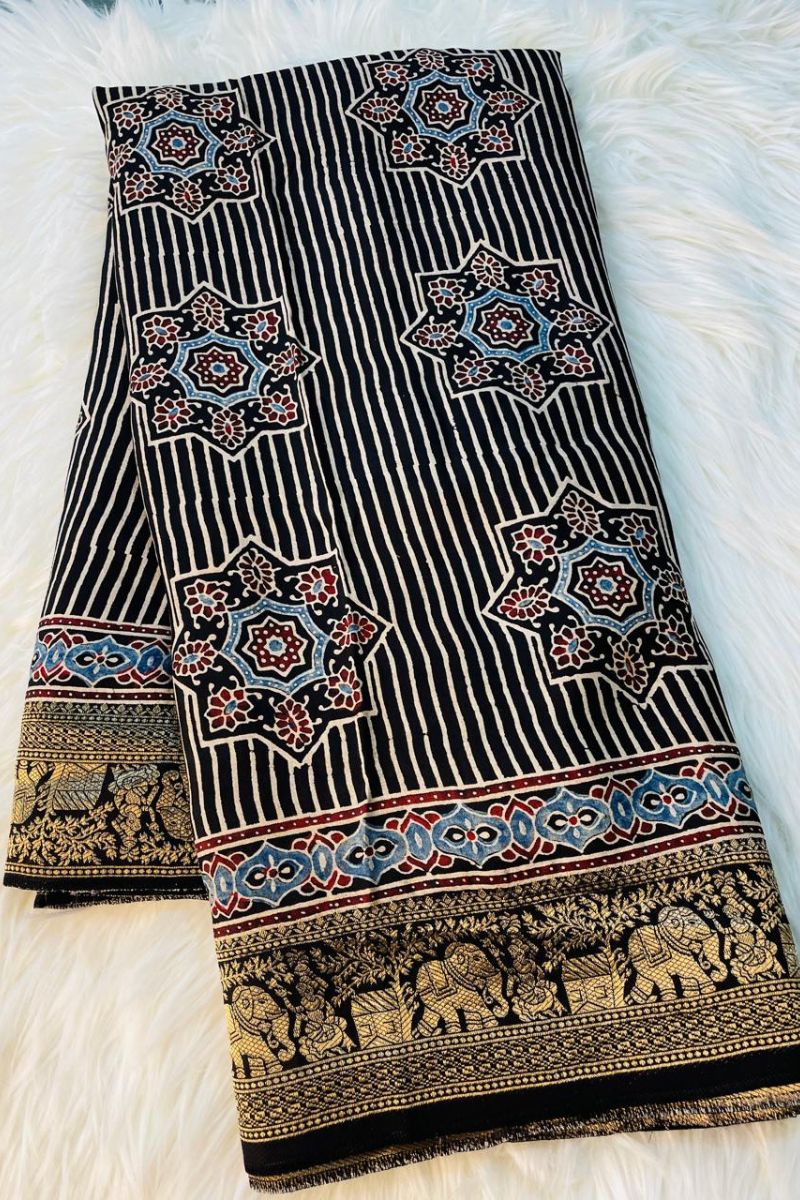 Black Ajrakh Saree with Stripes