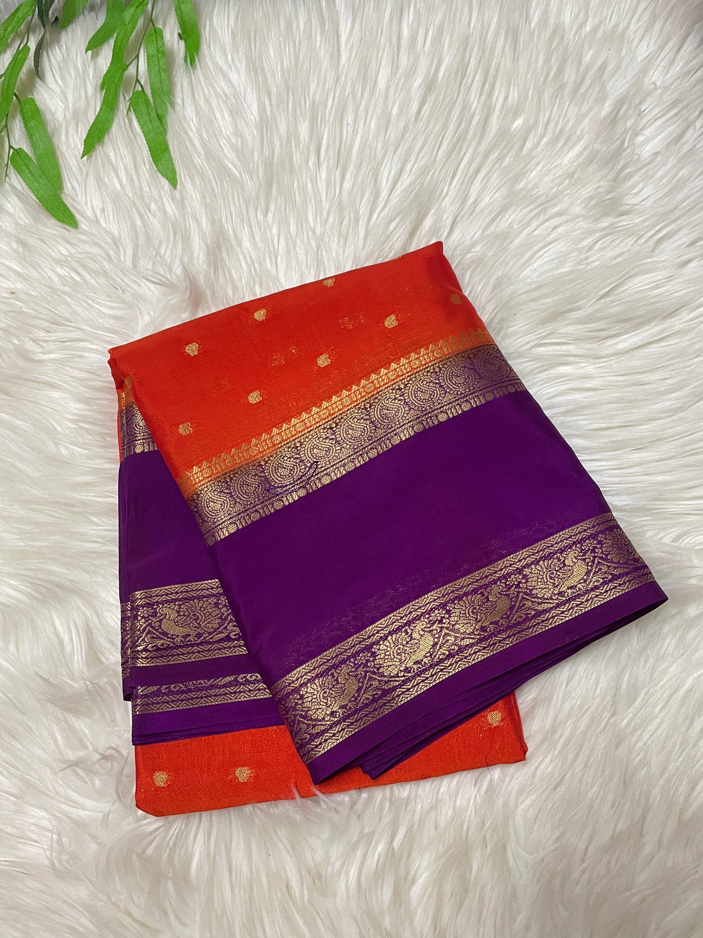Orange and Purple Semi Mysore Crape Silk Saree