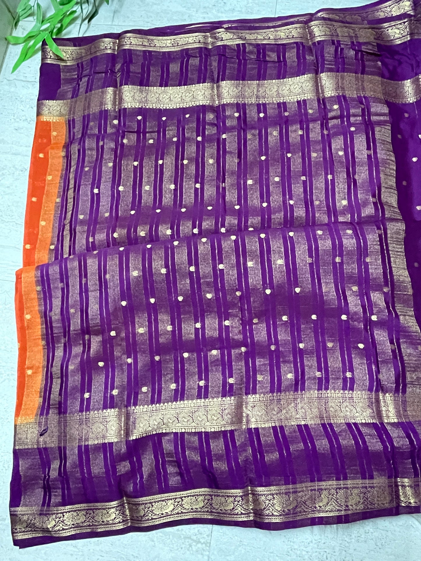 Orange and Purple Semi Mysore Crape Silk Saree