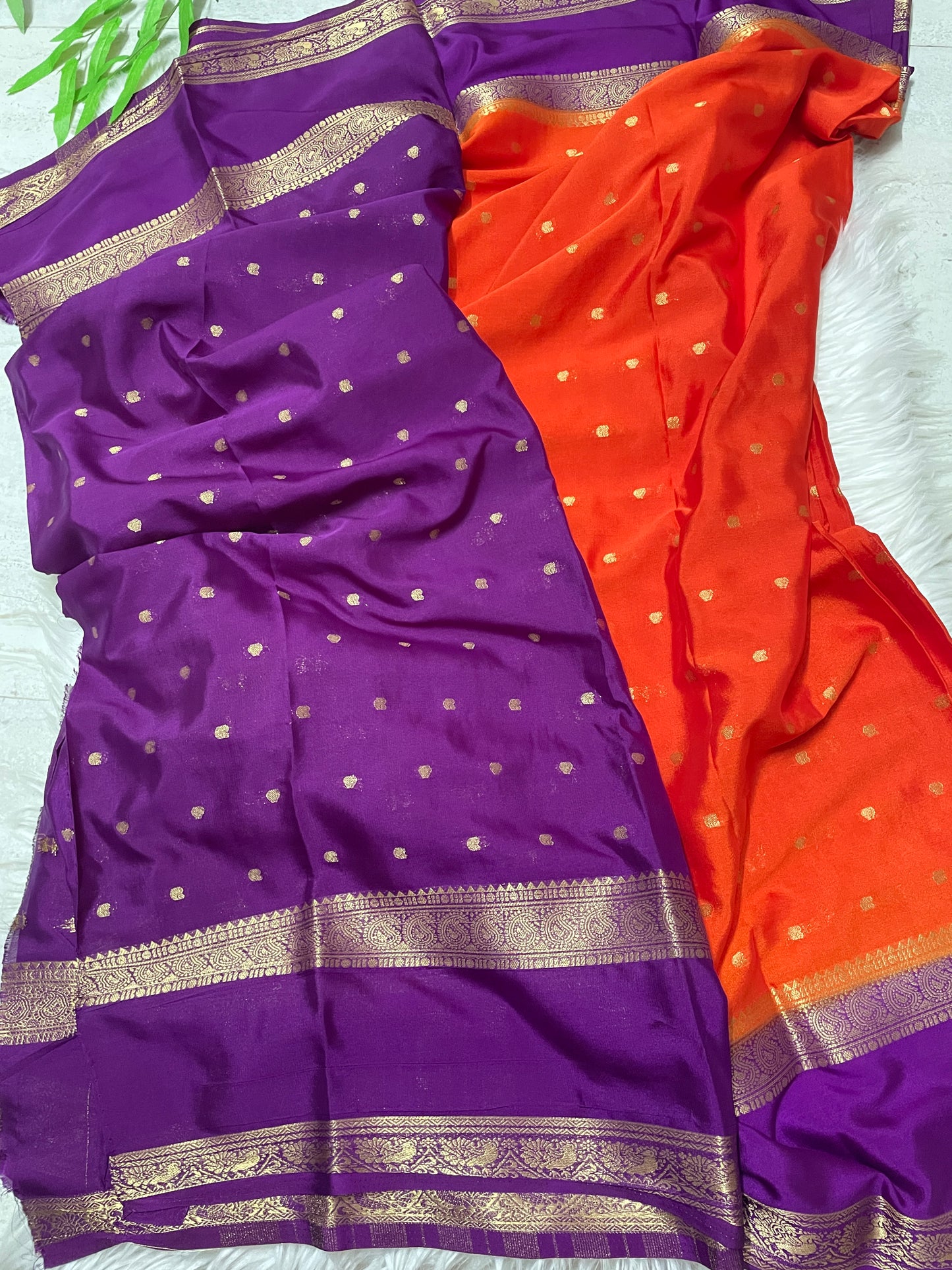 Orange and Purple Semi Mysore Crape Silk Saree