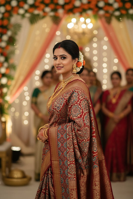 Red Ajrakh Badam Butta Dola Silk Saree