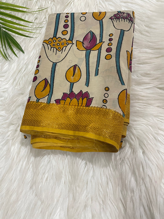 Yellow Lotus Kalamkari Saree