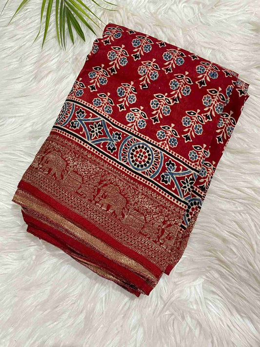 Red Ajrakh Dola Silk Saree