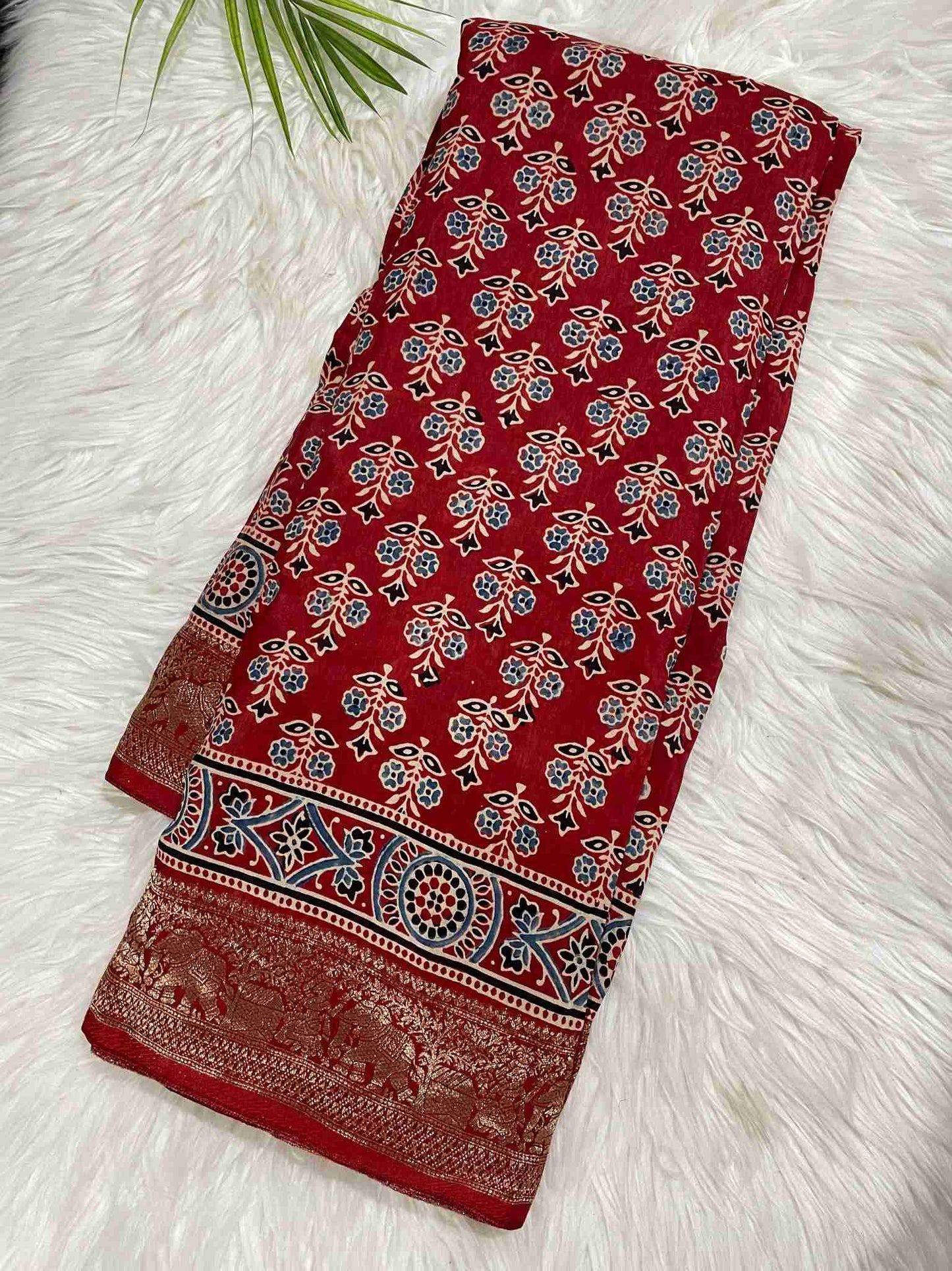Red Ajrakh Dola Silk Saree