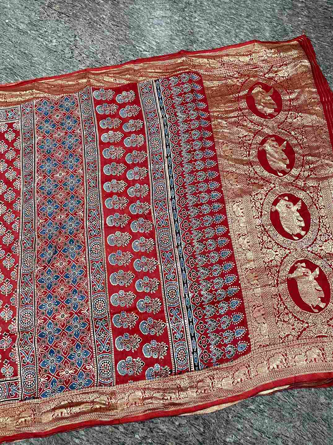 Red Ajrakh Dola Silk Saree