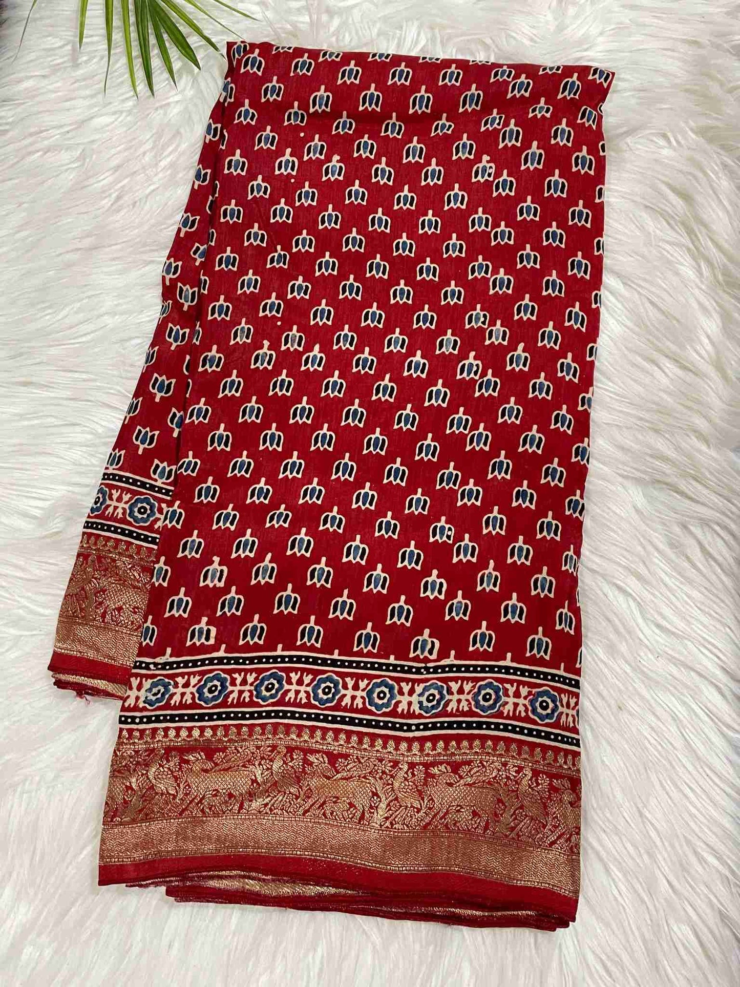 Red Lotus Ajrakh Dola Silk Saree
