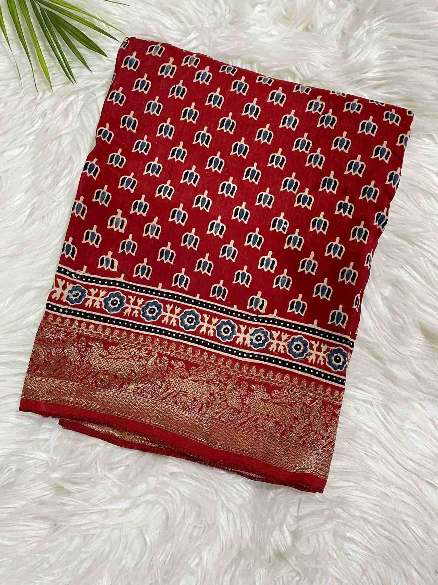 Red Lotus Ajrakh Dola Silk Saree