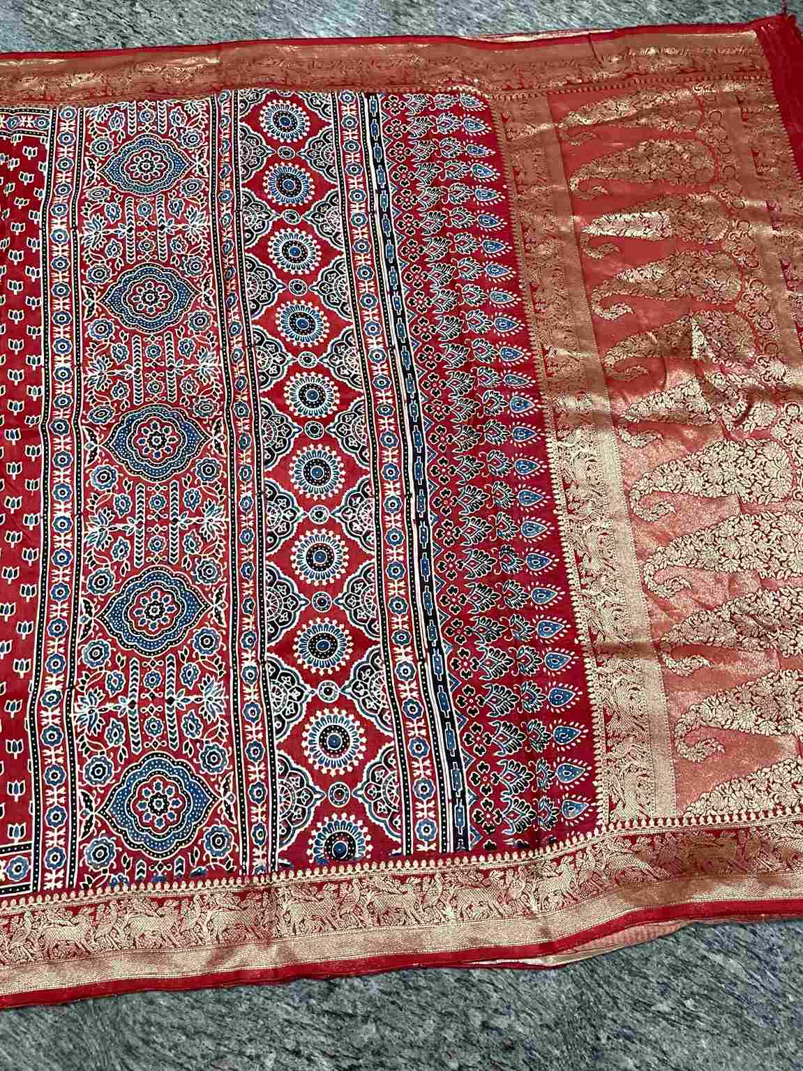 Red Lotus Ajrakh Dola Silk Saree