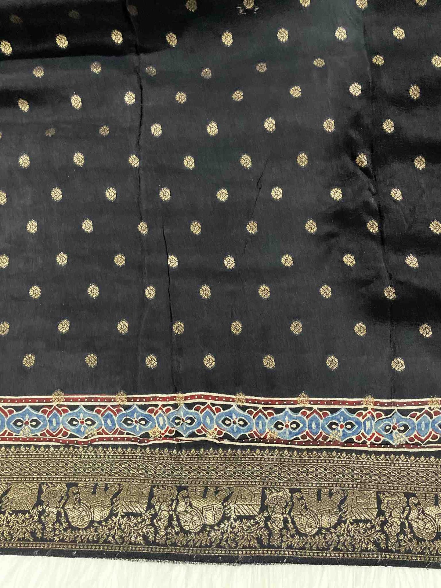 Black Ajrakh Saree with Stripes