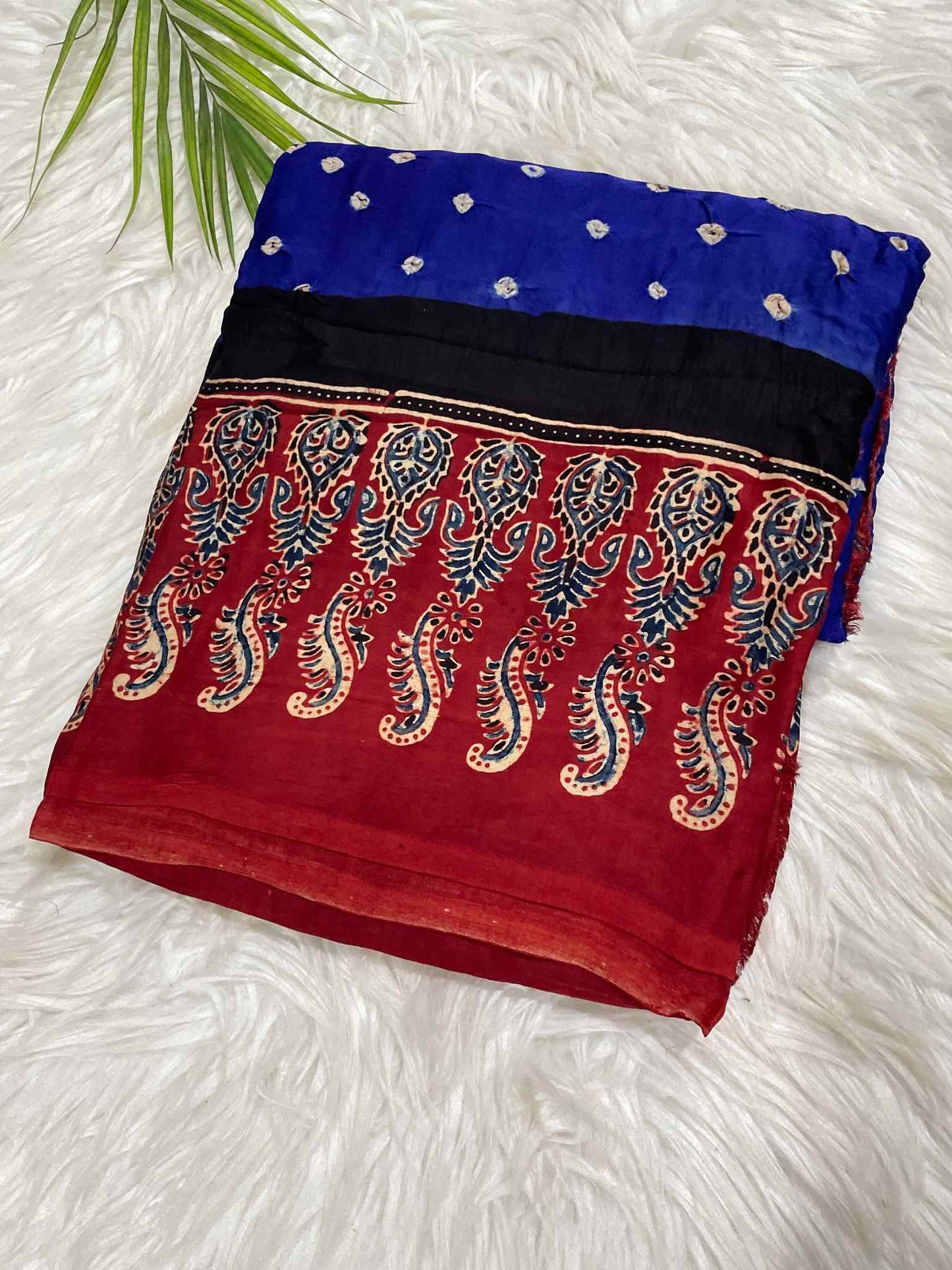 Blue Bandini with Ajrakh Printed  Border Saree