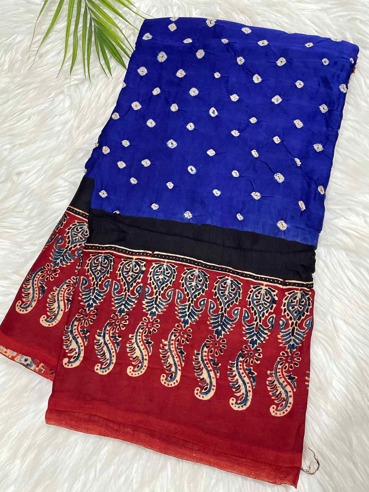 Blue Bandini with Ajrakh Printed  Border Saree