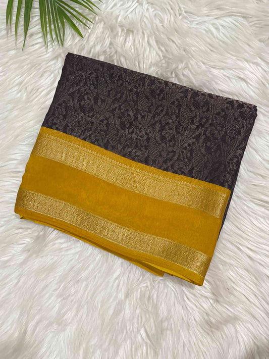 Brown & Mango Yellow Crystal Crepe Saree