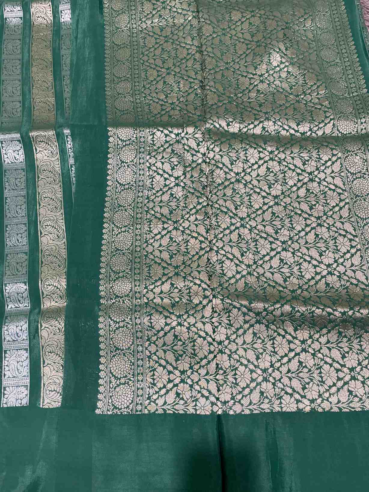Green Saree with Gold & Silver Lines
