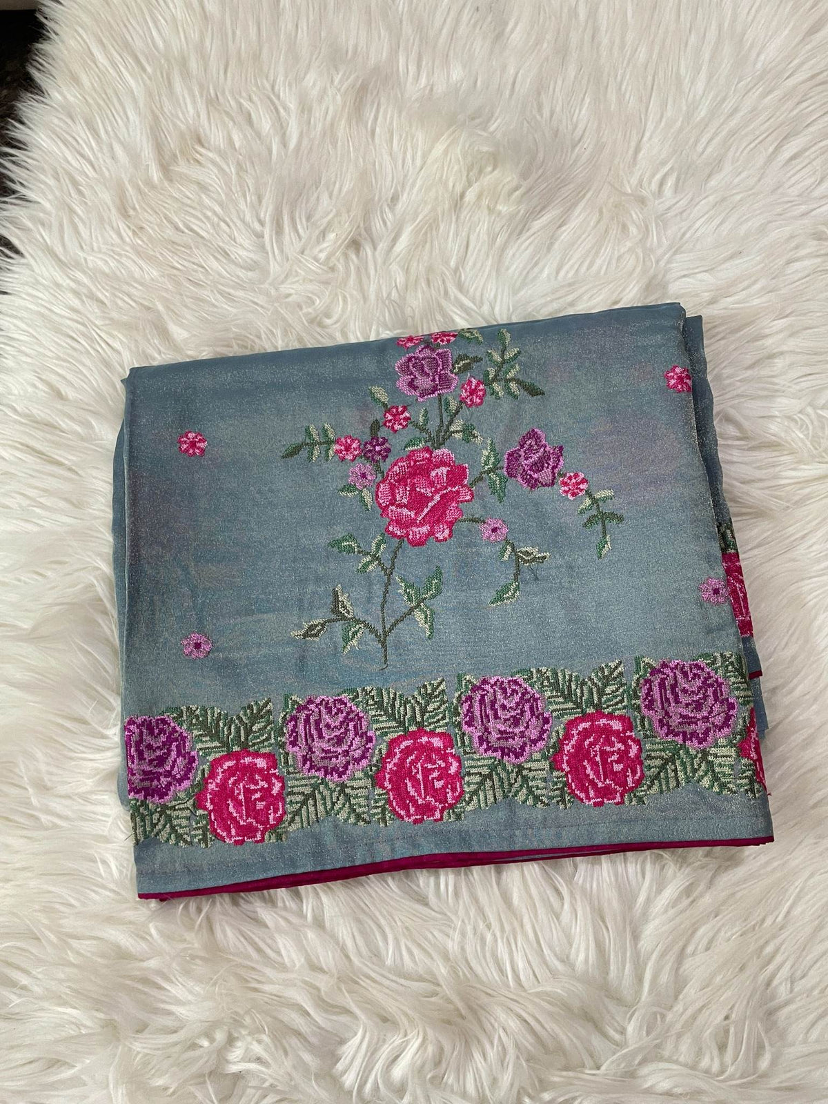 Floral Embroidery Grayish Blue Premium Tissue Saree