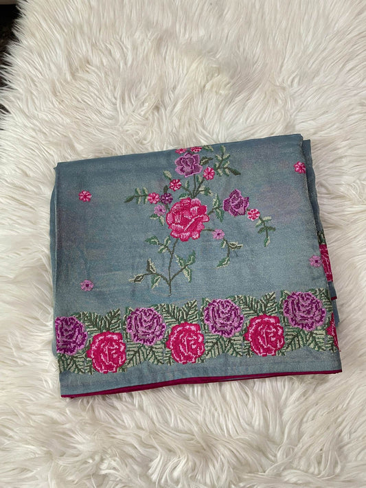 Floral Embroidery Grayish Blue Premium Tissue Saree
