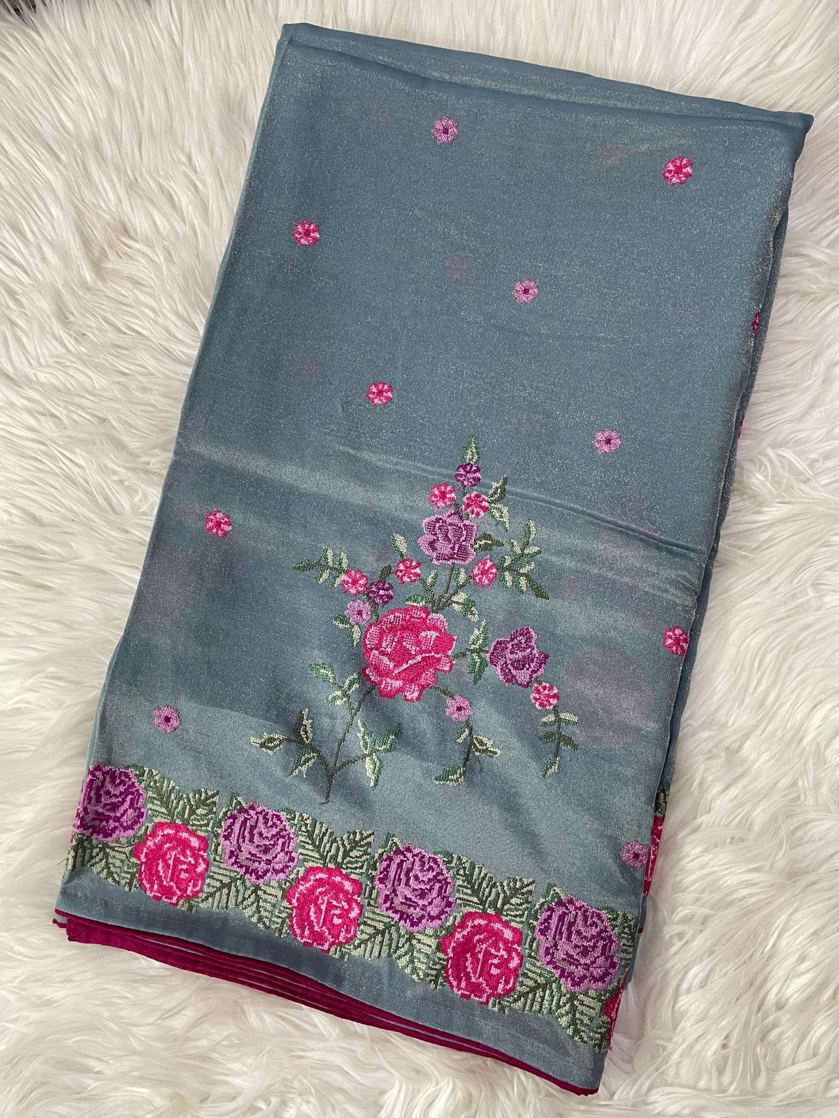 Floral Embroidery Grayish Blue Premium Tissue Saree