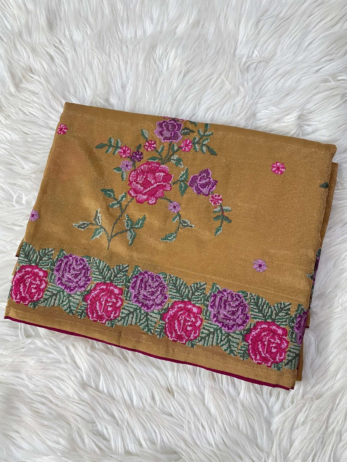 Floral Embroidery  Mustard yellow Tisssue Saree