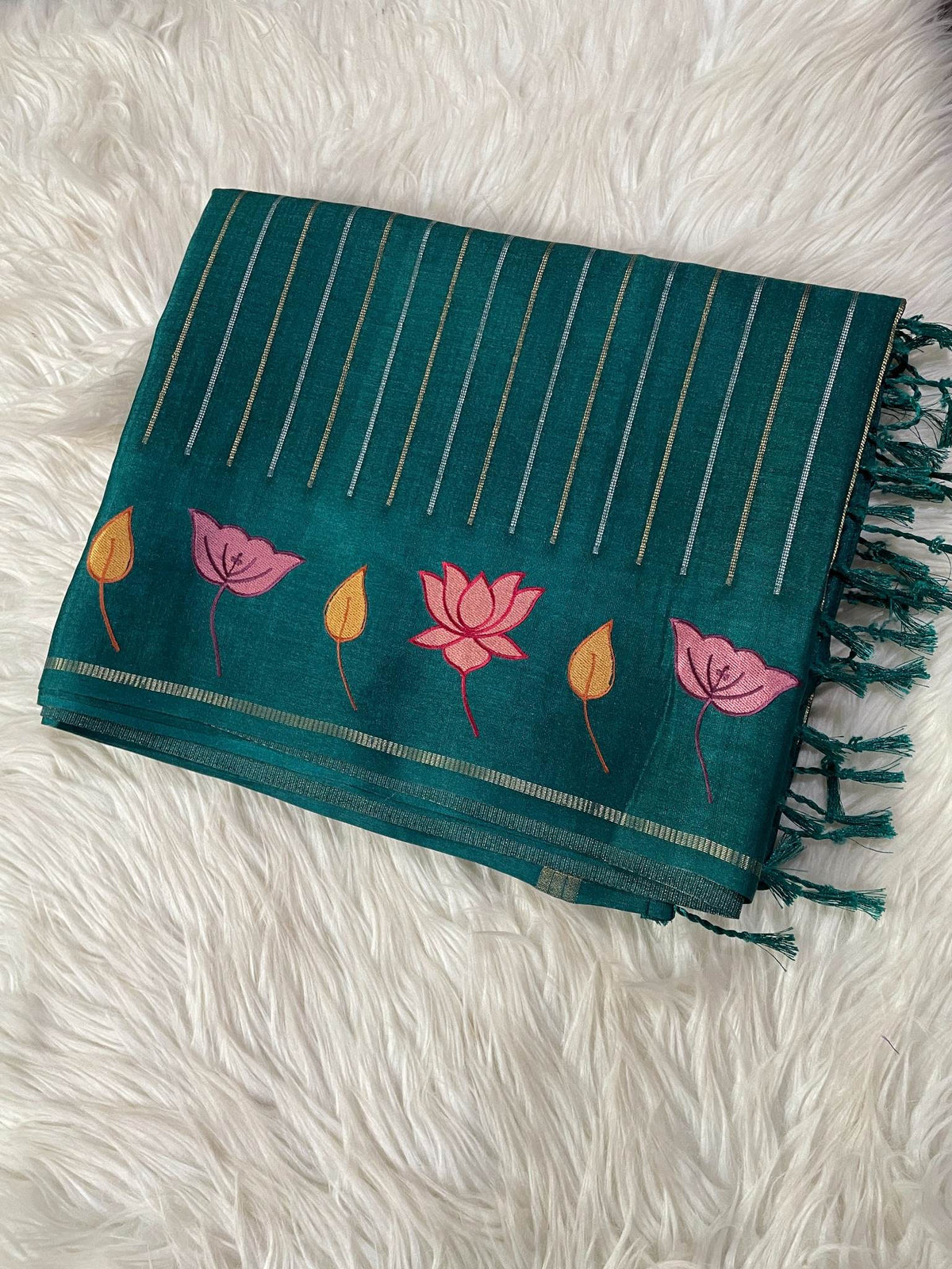 Green Pure Tussar saree with Lotus Embroidery
