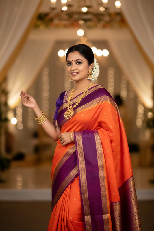 Orange and Purple Semi Mysore Crape Silk Saree