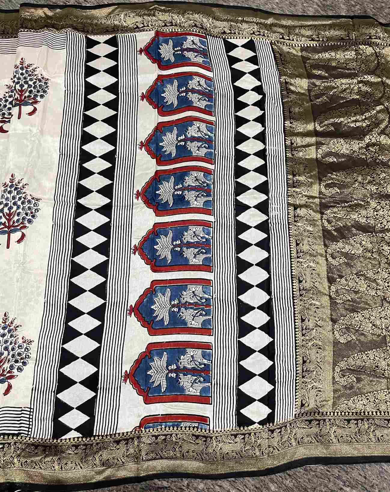 Flower Ajrakh Dola Silk Saree