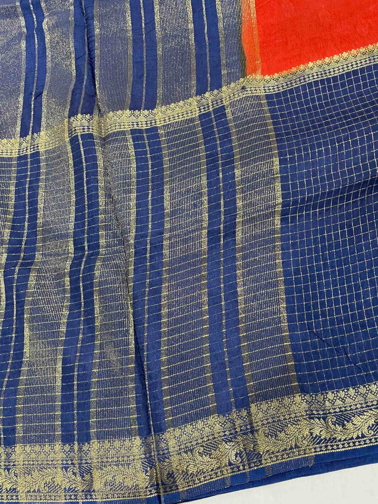 Blue and Orange Checks Saree