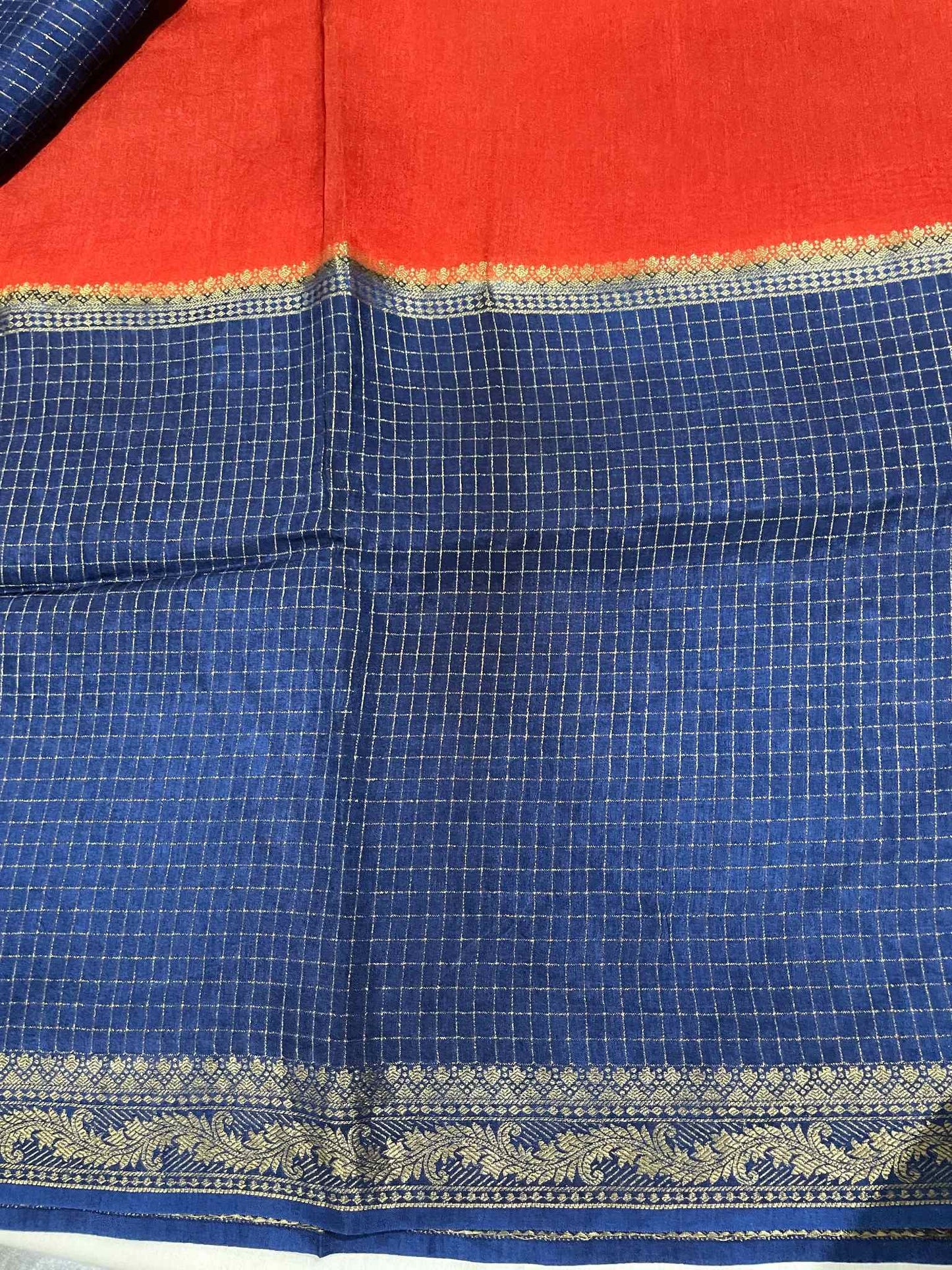Blue and Orange Checks Saree
