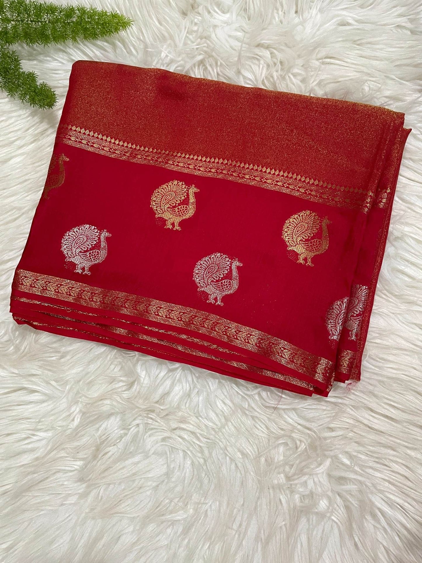 Red Peacock Viscose Crepe Saree