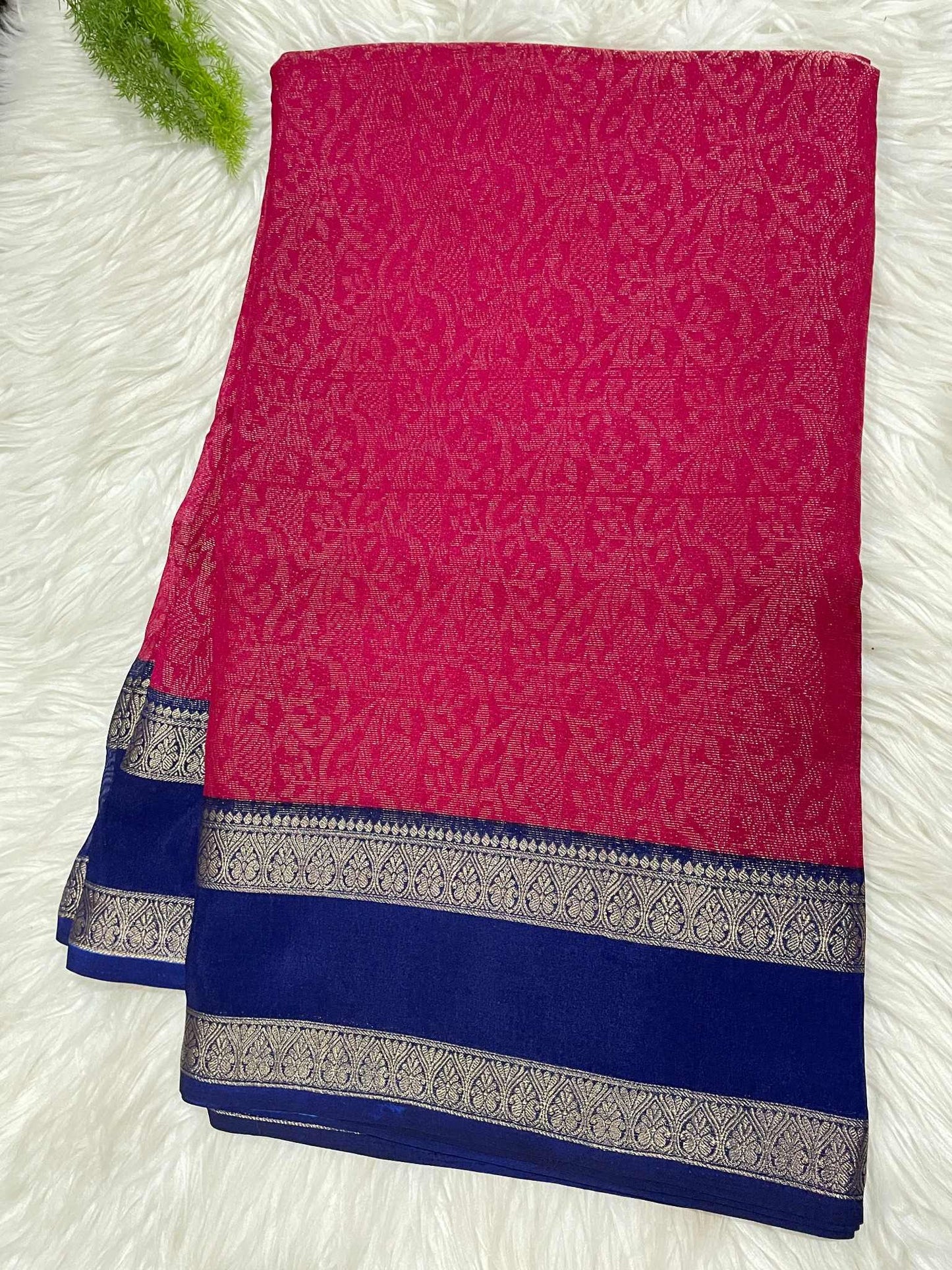 Red and Dark Blue Crystal Crepe Saree