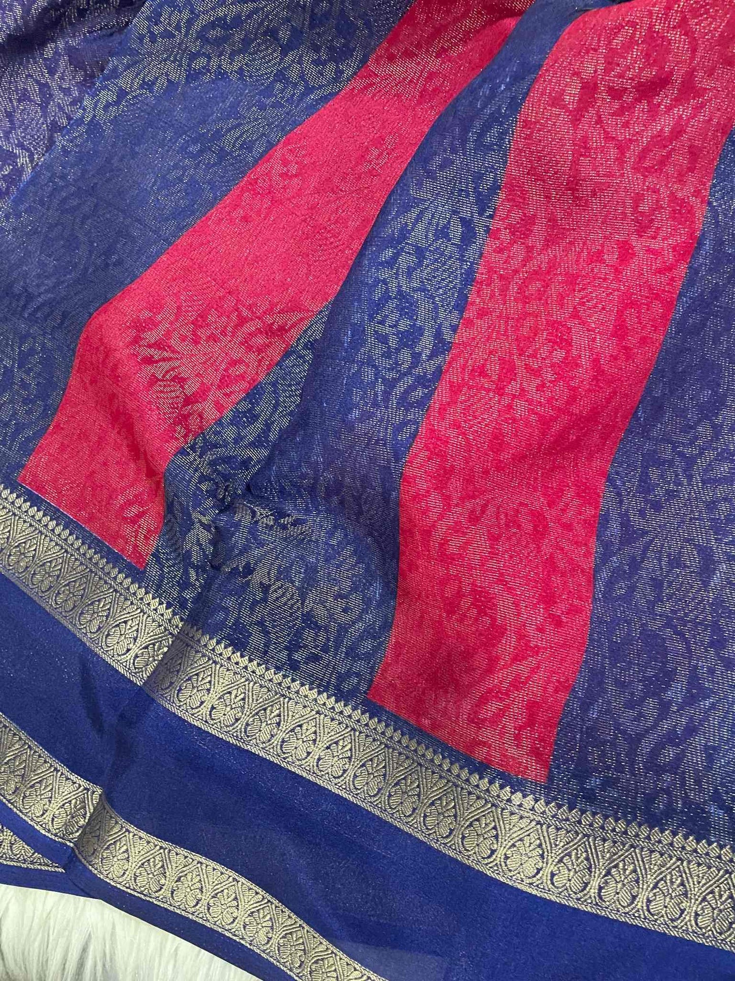 Red and Dark Blue Crystal Crepe Saree