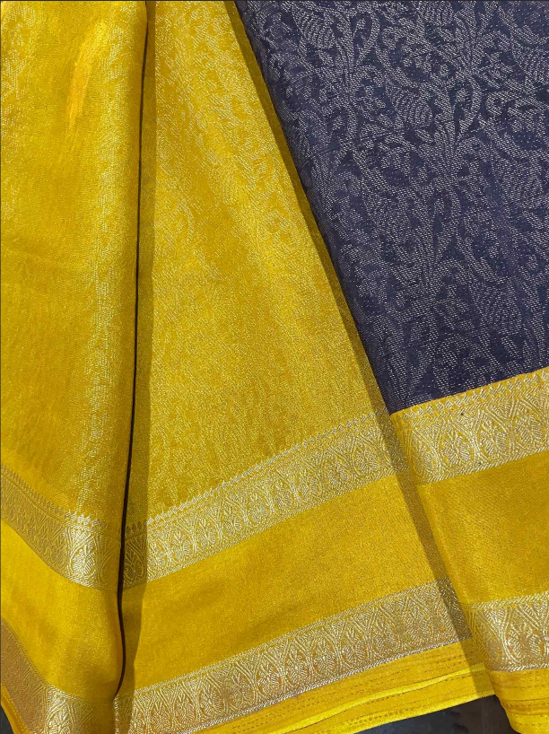Brown & Mango Yellow Crystal Crepe Saree