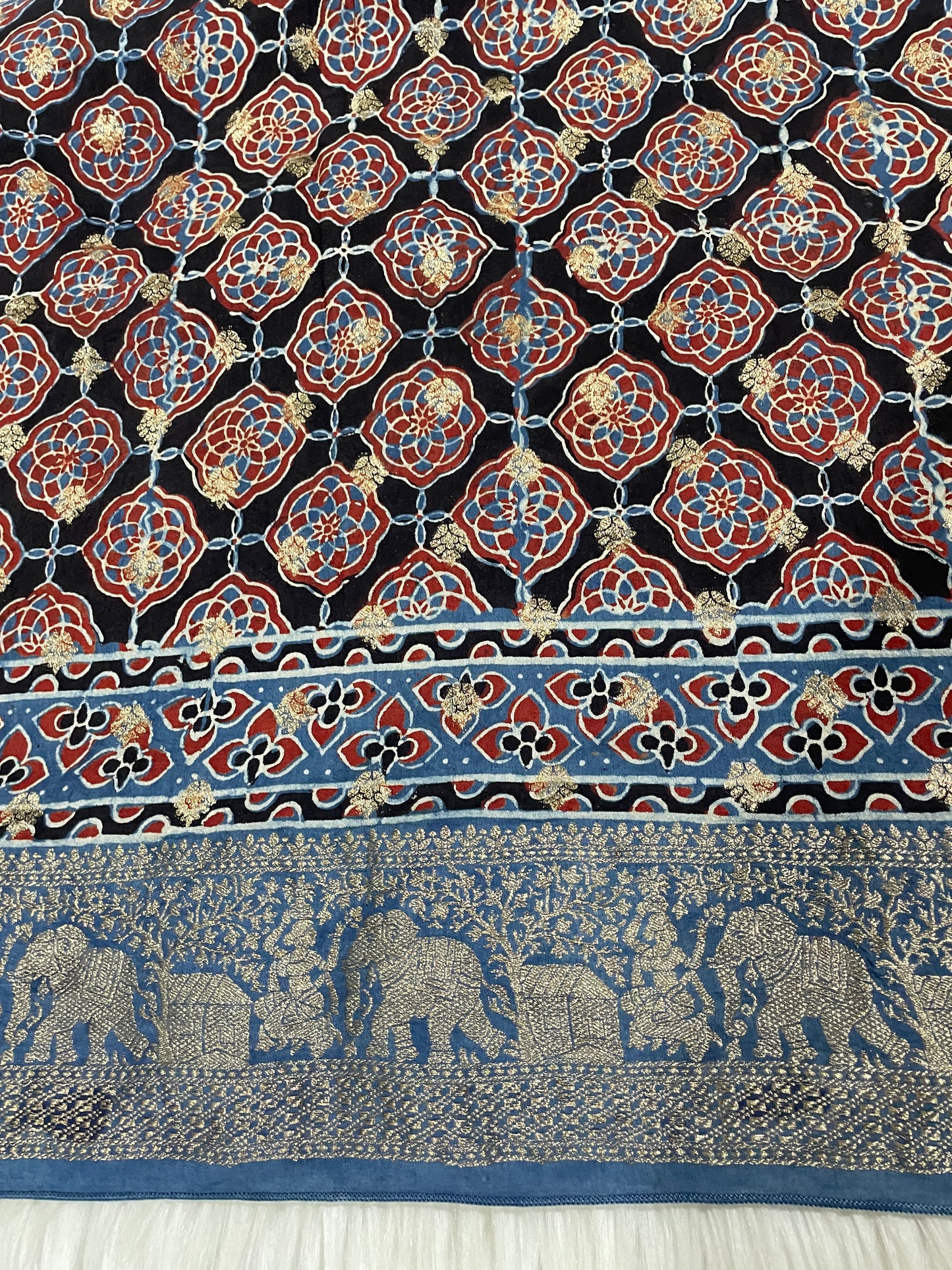 Blue Ajrakh Dola Silk Saree