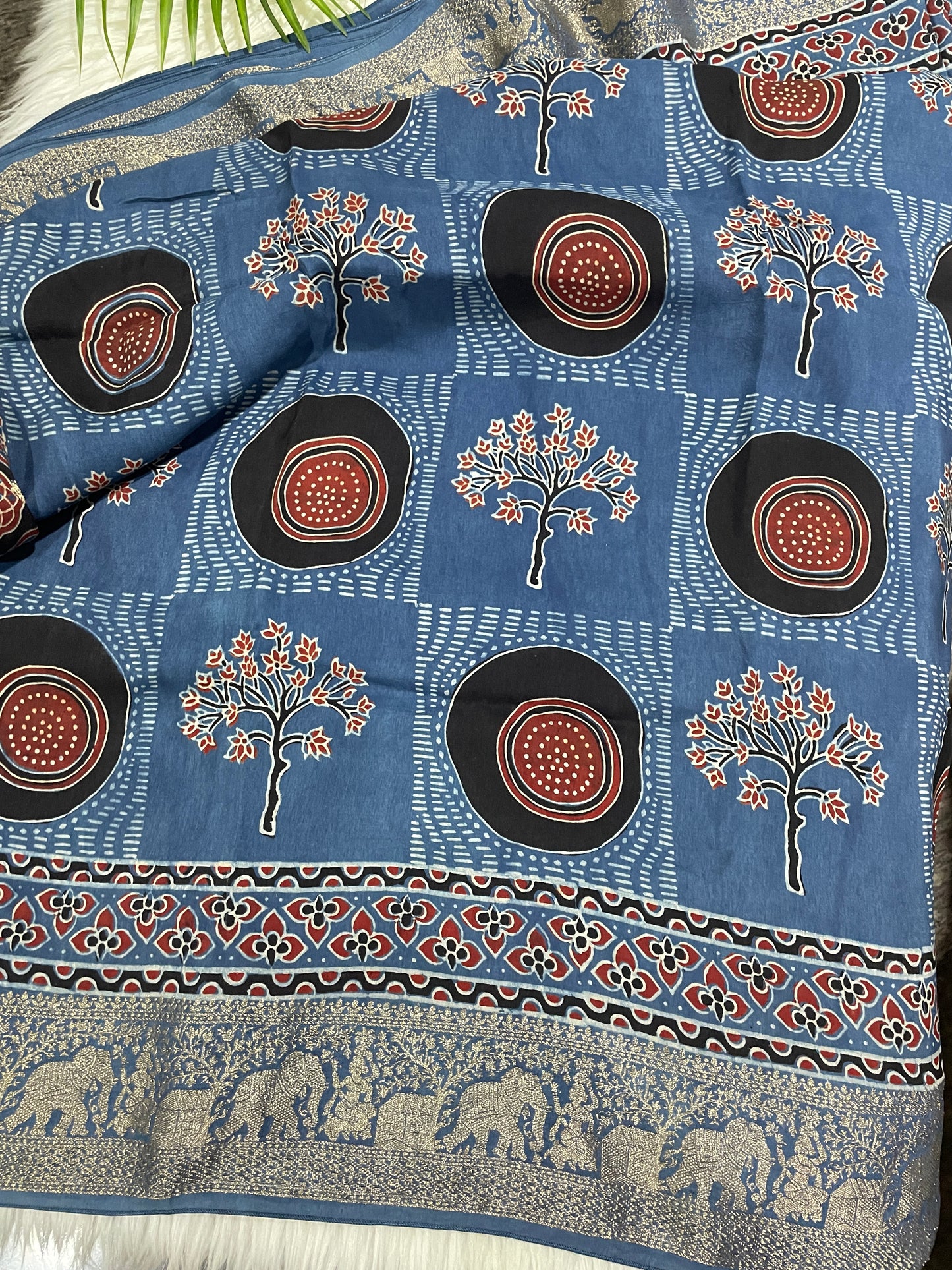 Blue Ajrakh Dola Silk Saree