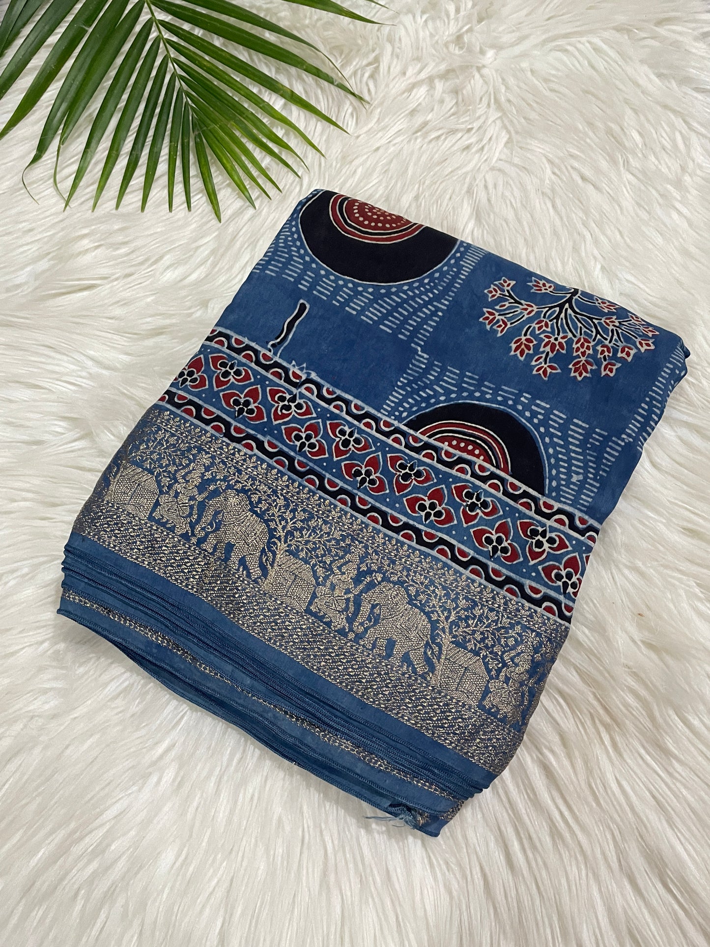 Blue Ajrakh Dola Silk Saree