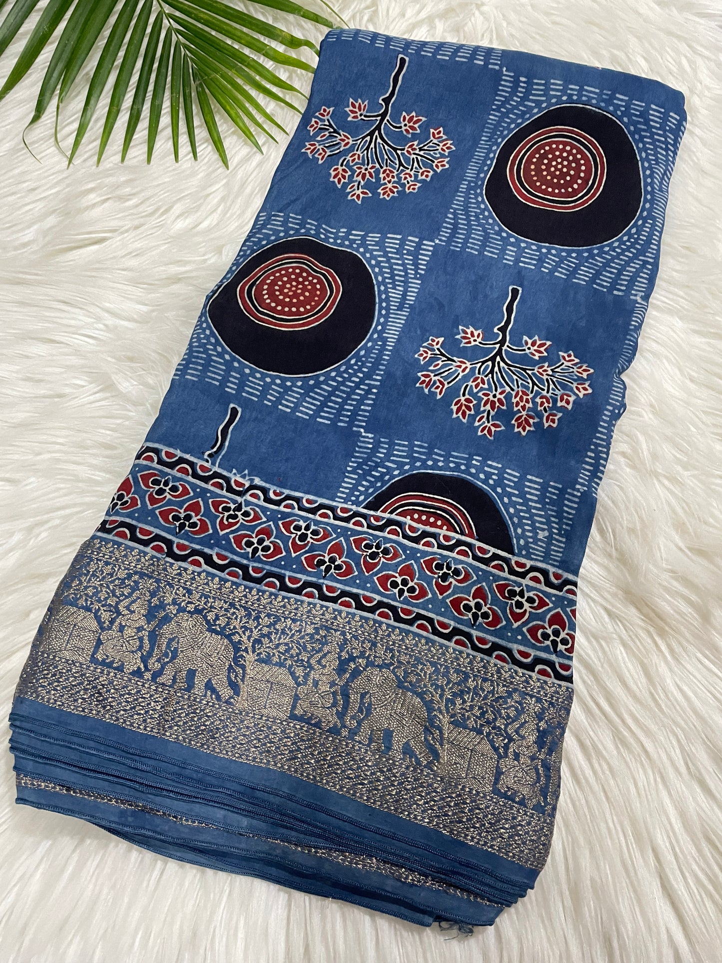 Blue Ajrakh Dola Silk Saree