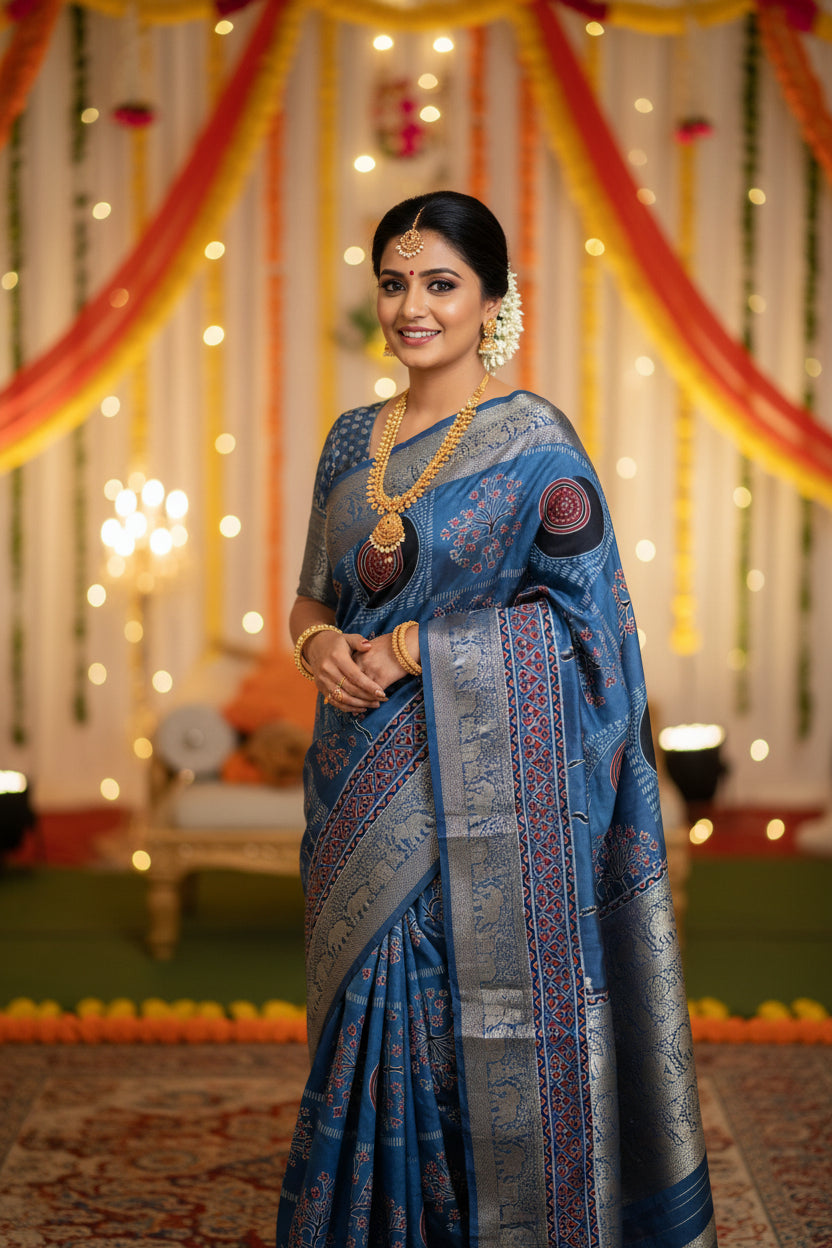 Blue Ajrakh Dola Silk Saree