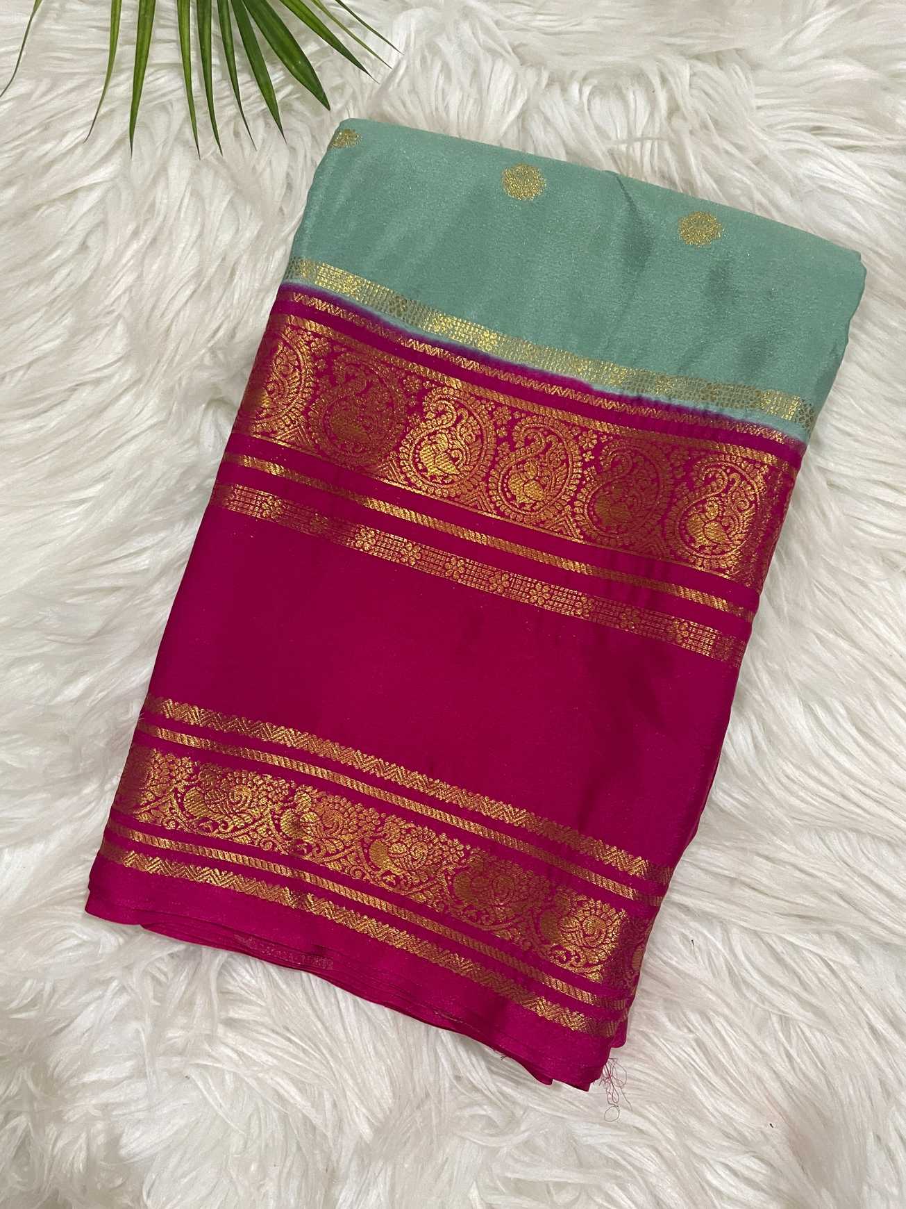 Pink and Light Green Semi Crepe Saree