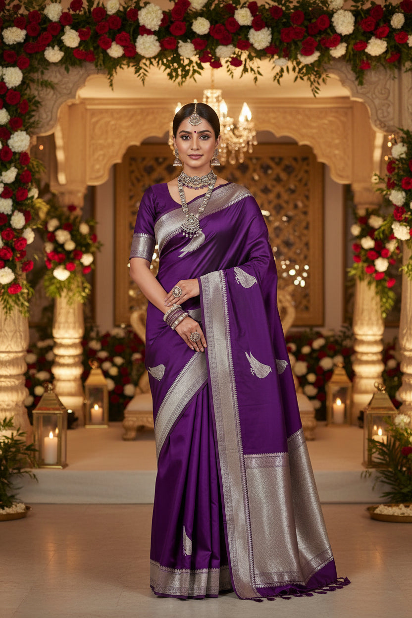 Purple Sparrow Satin Silk Saree