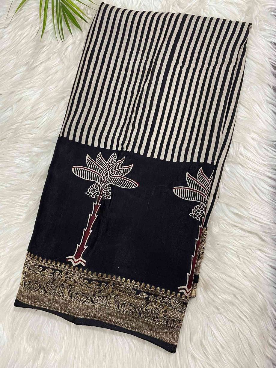 Coconut Stripes Ajrakh Saree