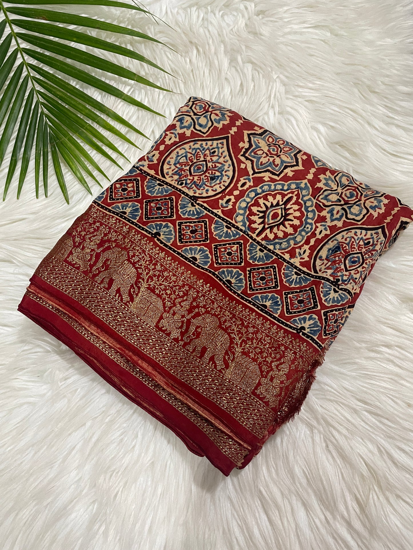 Red Ajrakh Badam Butta Dola Silk Saree