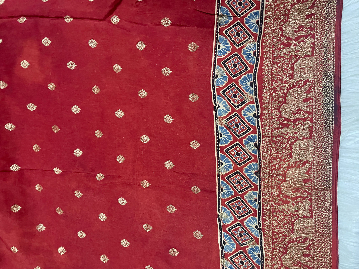 Red Ajrakh Badam Butta Dola Silk Saree